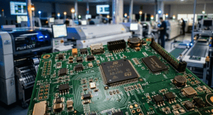 A high quality close up of a printed circuit board on an automated assembly line, illustrating factors affecting PCB assembly cost cleanup