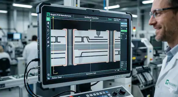 A high tech X ray inspection screen displaying perfect internal PCB structure, ensuring high yield from a rogers pcb manufacturer.