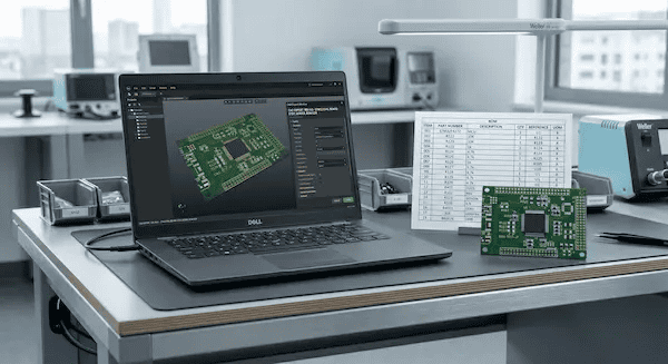 A laptop showing Gerber files, a printed BOM spreadsheet, and a circuit board needed for a complete PCB assembly quote cleanup
