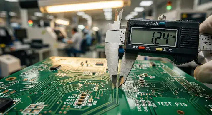 A macro view of a green PCB being measured with digital calipers, representing pcb fabrication tolerances and cost control. cleanup
