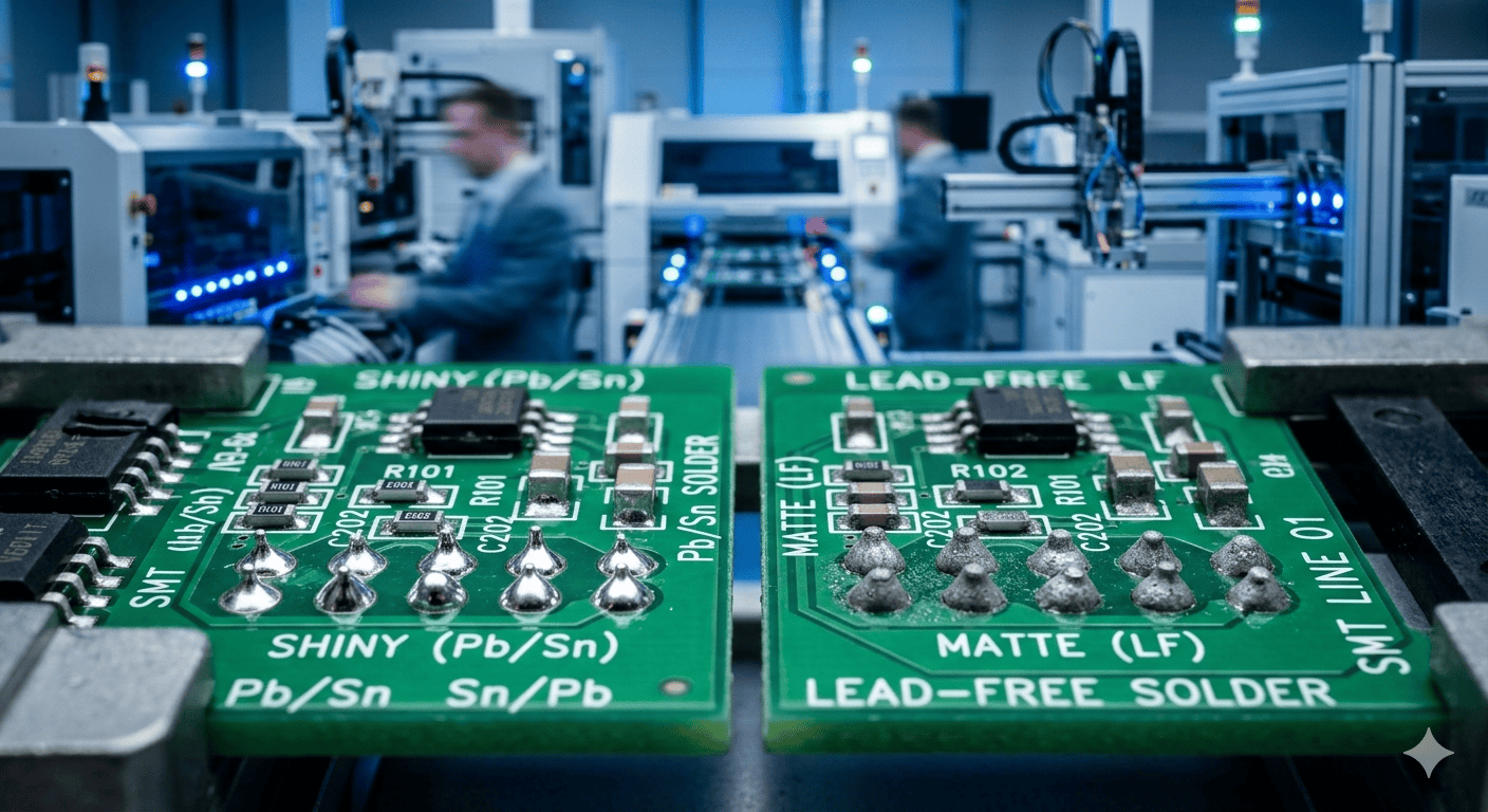 A professional visual comparison of lead vs lead free solder joints in high precision electronic manufacturing