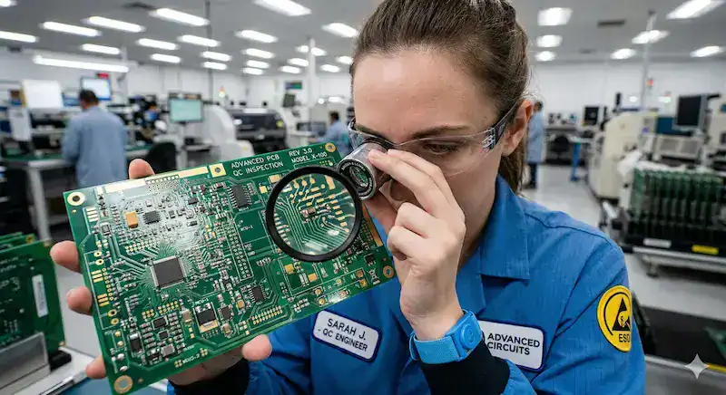 A quality control engineer inspecting PCB fabrication defects using a magnifying loupe in a factory (1)