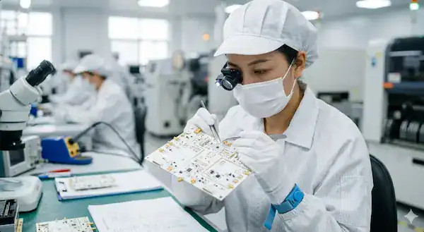 A skilled manufacturing engineer inspecting a specialty high frequency PCB substrate at an advanced rogers pcb manufacturer facility.