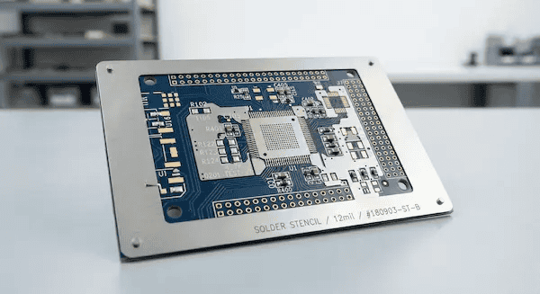 A stainless steel laser cut solder stencil being aligned with a PCB, representing setup and NRE fees in PCB assembly cost cleanup