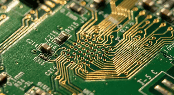 Close-up of a green printed circuit board with gold-plated traces and electronic components.