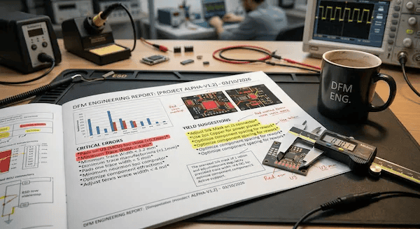 An actionable DFM PCB design report showing red and yellow manufacturing warnings cleanup