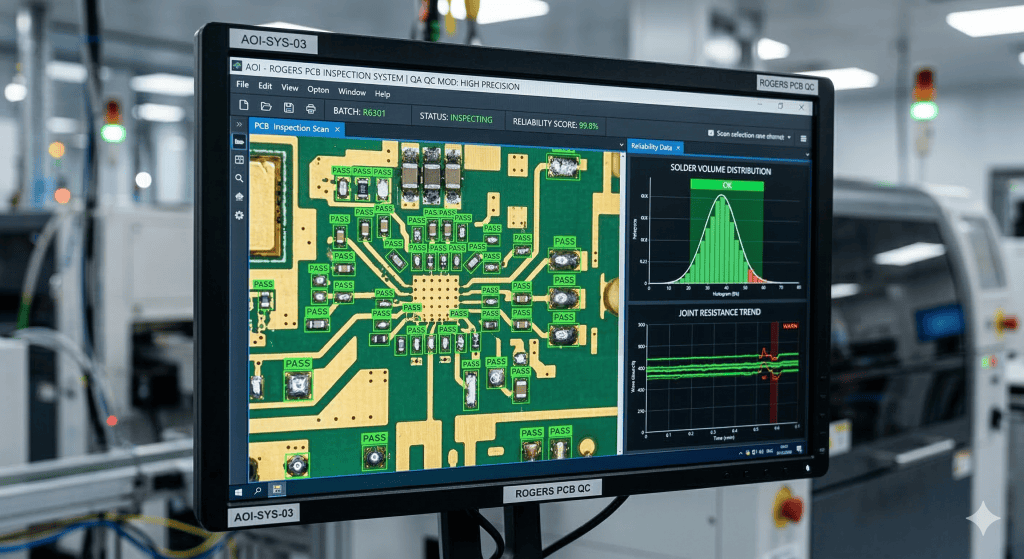 Automated Optical Inspection screen analyzing lead vs lead free solder joint reliability in a PCBA factory