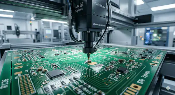 Automated SMT pick and place machine assembling components efficiently on a large PCB panel