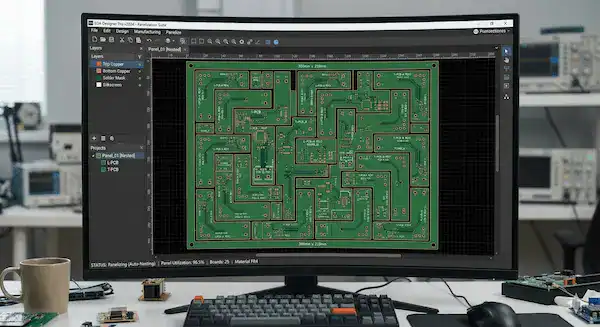 CAD software showing Tetris like interlocking PCB panel nesting to reduce fabrication costs