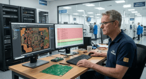 CAM engineer reviewing DFM PCB design on dual monitors in a modern manufacturing facility cleanup