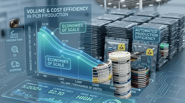 Chart showing the economy of scale and how high volume reduces the per unit PCB assembly cost cleanup