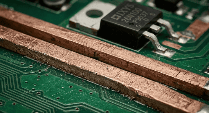 Close up of thick metal traces representing a heavy copper PCB design for high current applications