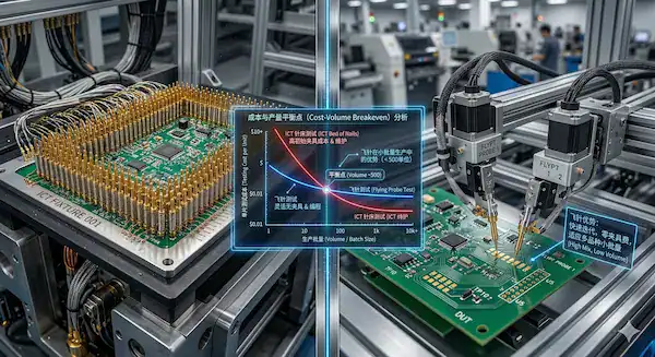 Comparison of flying probe test robotics versus traditional ICT bed of nails with cost volume breakeven analysis