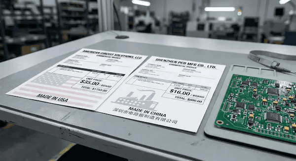 Cost comparison showing price differences between domestic US PCB assembly and offshore Chinese manufacturing cleanup