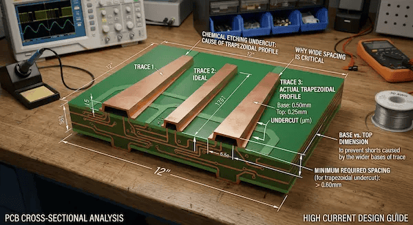 Cross section diagram showing chemical etching undercut and spacing rules in heavy copper PCB design