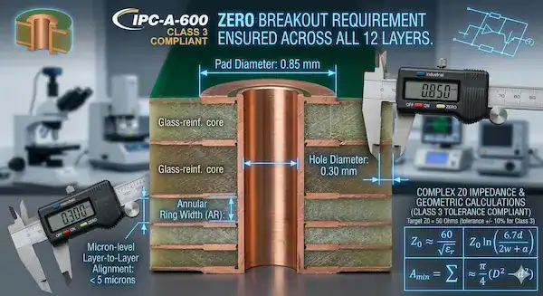 Cross section of a multilayer PCB demonstrating flawless annular rings meeting strict IPC Class 3 standards