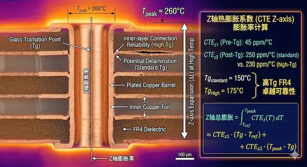 Cross section of high Tg FR4 material showing thermal expansion and Z axis CTE calculations under heat stress