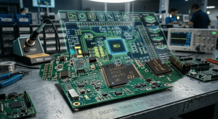 Digital CAD layout transforming into a physical assembled board, representing essential PCB assembly quote files cleanup