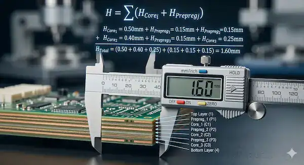 Digital calipers measuring the exact 1.6mm thickness of a multilayer FR4 material stack up.