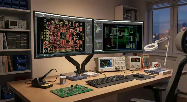 Electronics engineer reviewing Gerber files on a monitor for pcb thickness tolerance and DFM checks before manufacturing cleanup