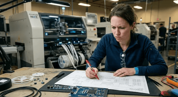 Engineer checking for errors in PCB assembly quote files to prevent factory production delays cleanup