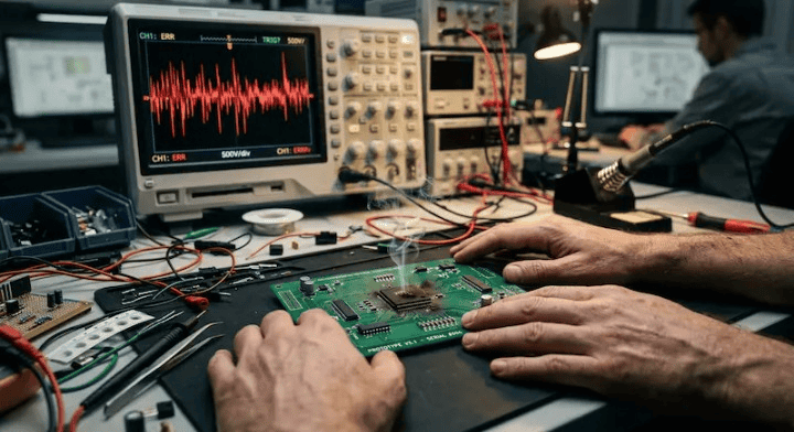 Engineer debugging a PCB prototype failure with an oscilloscope and a burnt circuit board cleanup