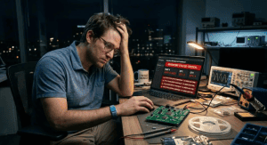 Engineer desperately searching for a PCB component shortage alternative on a laptop