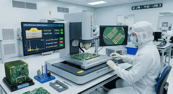 Engineer performing XRF thickness measurement testing for ENIG process quality control and IPC 4552 compliance