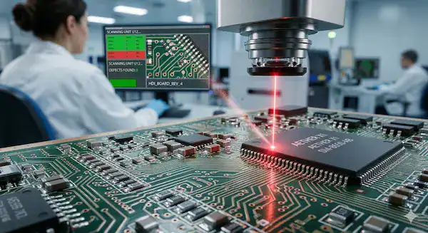 Engineer performing rigorous AOI inspection on a complex HDI PCB at premier electronic contract manufacturing companies.