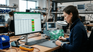 Engineer reviewing a flawless BOM for PCB assembly in Excel next to a physical circuit board cleanup