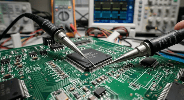 Engineer struggling to probe a dense PCB prototype that has no exposed test points cleanup