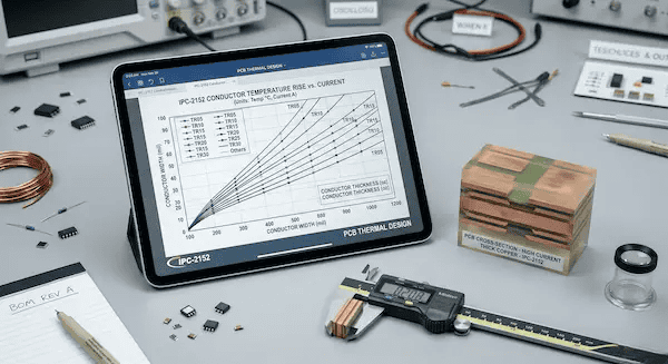 Engineer using software to calculate trace width for heavy copper PCB design using IPC 2152 standards