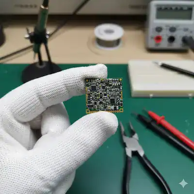 Engineer wearing ESD gloves holding a compact, high density multilayer pcb at a workstation