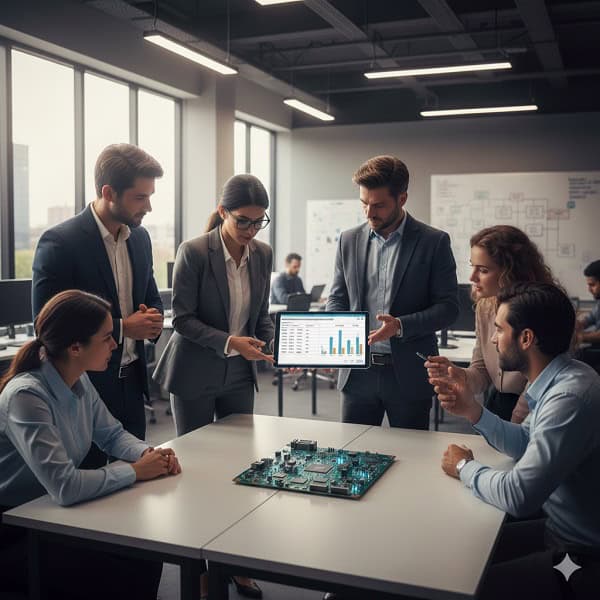 Engineering team at agile EMS companies in US reviewing PCBA designs to ensure cost effective production