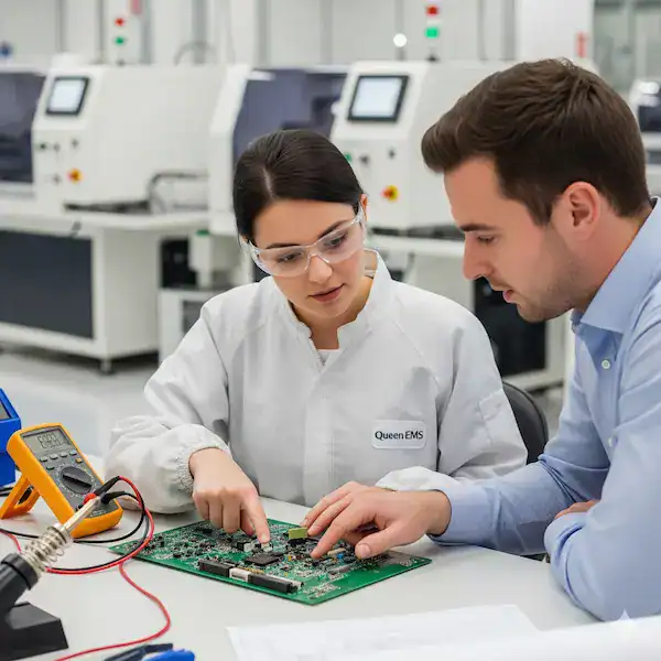 Engineers collaborating on PCBA at Queen EMS, a leading ems companies Canada