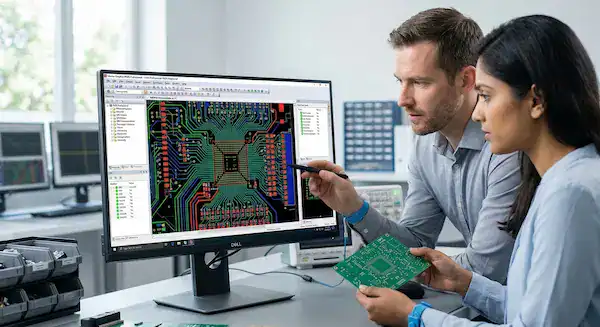 Engineers reviewing a complex digital blueprint on the factory floor to precisely implement IPC standards for PCB fabrication