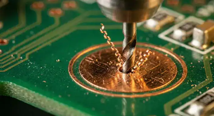 Extreme close up of a micro drill bit penetrating a copper pad on a PCB, illustrating pcb drilling tolerance limits. cleanup