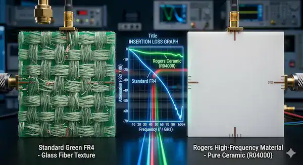 Extreme macro comparison of standard FR4 material versus Rogers PTFE for high frequency PCB insertion loss