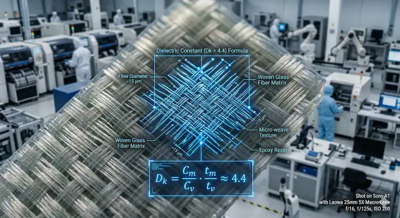 Extreme macro view of FR4 material woven glass structure with dielectric constant engineering calculations