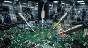 Extreme macro view of a flying probe test system inspecting a high density PCB