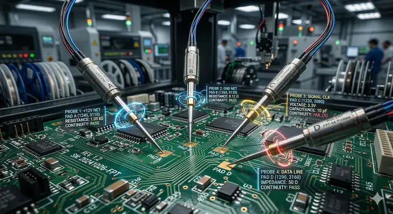 Extreme macro view of a flying probe test system inspecting a high density PCB