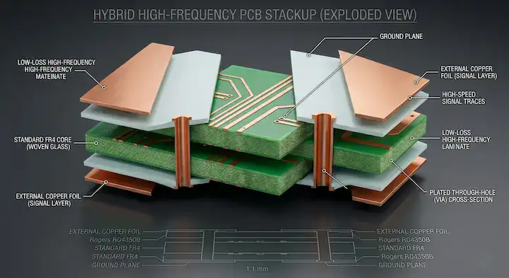 FR4 material cores used in a hybrid PCB stackup alongside low loss high frequency laminates for better signal integrity ezremove