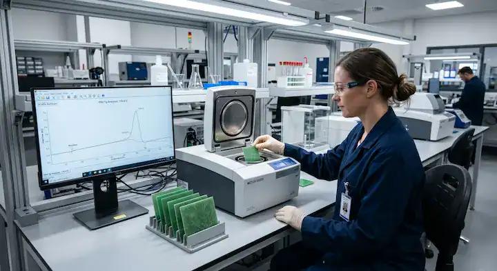 FR4 material laminates undergoing strict Tg and Td thermal testing in an IPC standard laboratory ezremove