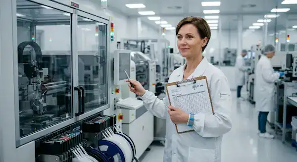Factory manager inspecting SMT assembly line to verify quality when learning how to choose PCB manufacturer