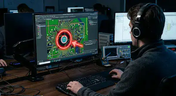 Hardware engineer using DFM software to analyze a PCB design and prevent fabrication defects like broken annular rings cleanup (1)