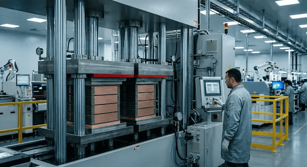 Heavy industrial cold press machine used in manufacturing for PCB warping prevention