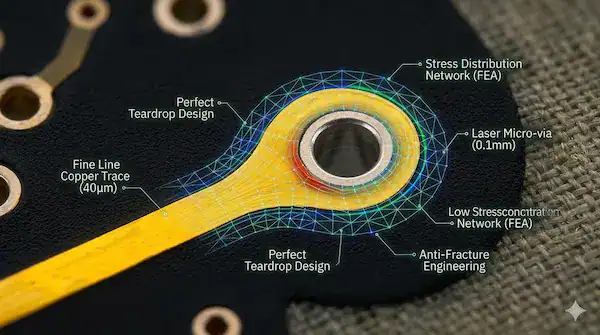 High density interconnect (HDI) PCB micro via featuring a protective teardrop annular ring design