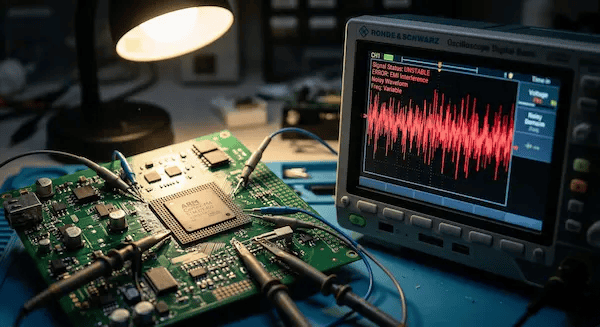 High density routing on a PCB connected to an oscilloscope during EMI testing
