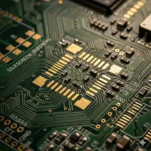 High end macro shot of a sophisticated multilayer pcb with gold plated pads and complex traces