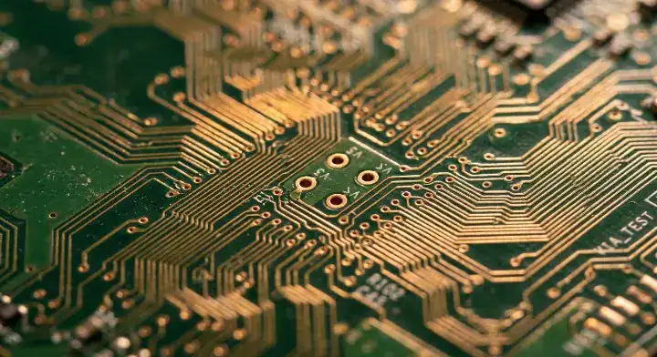 High resolution view of dense copper traces on a circuit board, showing variations in pcb manufacturing tolerances. cleanup